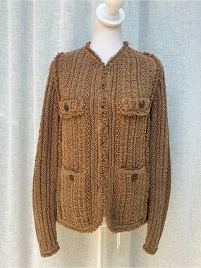 LINI tan caramel brown cotton knitted cardigan tweed fringe